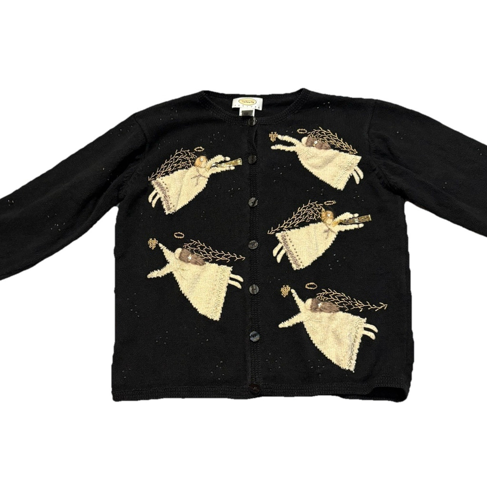 Vintage Button Up Cardigan Sweater Black Angels Embroidery Beaded P Sm - Picture 9 of 10